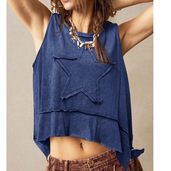 Star print Patch Loose Fit Frayed Hem Tank Top - Picture 4 of 8